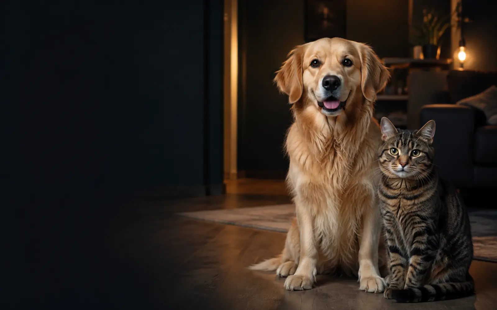Dog and cat together at home in warm evening light